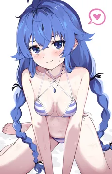 1girl ahoge barefoot bikini blue_bikini blue_eyes blue_hair blush braid breasts closed_mouth collarbone crossed_bangs heart jewelry light_smile long_braid long_hair looking_at_viewer multicolored_bikini navel necklace side_tie_bikini_bottom simple_background sitting small_breasts solo spoken_heart string_bikini striped_bikini striped_clothes swimsuit twin_braids very_long_hair wariza white_background aviary mushoku_tensei roxy_migurdia__mushoku_tensei
