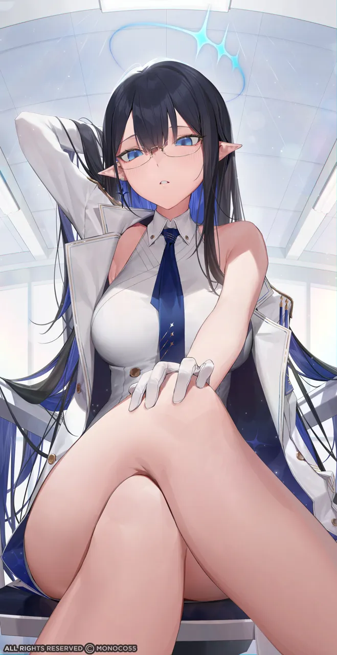 1girl armband bare_legs black_hair blue_armband blue_eyes blue_hair blue_halo blue_necktie blush breasts coat collared_shirt colored_inner_hair crossed_legs feet_out_of_frame glasses gloves halo large_breasts long_hair multicolored_hair necktie pointy_ears round_eyewear shirt sitting sleeveless sleeveless_shirt solo twitter_username white_coat white_gloves white_shirt monoco55 blue_archive rin__blue_archive
