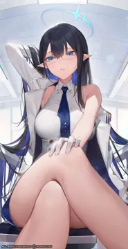 1girl armband bare_legs black_hair blue_armband blue_eyes blue_hair blue_halo blue_necktie blush breasts coat collared_shirt colored_inner_hair crossed_legs feet_out_of_frame glasses gloves halo large_breasts long_hair multicolored_hair necktie pointy_ears round_eyewear shirt sitting sleeveless sleeveless_shirt solo twitter_username white_coat white_gloves white_shirt monoco55 blue_archive rin__blue_archive