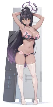 1girl adjusting_hair alternate_costume armpits arms_up bare_shoulders black_bra black_hair black_panties blue_archive blush bra breasts cleavage cloba collarbone dark_skin dark_skinned_female eyes_visible_through_hair full_body hair_between_eyes halo karin__blue_archive large_breasts lingerie long_hair looking_at_viewer mouth_hold navel no_shoes panties ponytail purple_halo simple_background skindentation solo standing stomach swimsuit thighhighs underwear underwear_only very_long_hair white_background white_thighhighs yellow_eyes