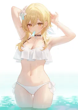 1girl armpits arms_up bikini black_choker blonde_hair blush breasts choker cleavage cowboy_shot earclip flower food food_in_mouth hair_between_eyes hair_flower hair_ornament halterneck looking_at_viewer medium_breasts mouth_hold navel orange_eyes popsicle popsicle_in_mouth short_hair_with_long_locks side_tie_bikini_bottom simple_background solo stomach swimsuit thigh_gap wading water water_drop wet white_bikini white_flower adelie_cat genshin_impact lumine__genshin_impact