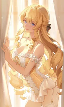 1girl alternate_costume arched_back black_bow blonde_hair blue_eyes bow breasts cleavage contrapposto corset cowboy_shot cross_laced_clothes cross_laced_corset curtains drill_hair drill_sidelocks fingernails frilled_corset frills garter_straps genshin_impact half_updo hands_up heart heart_necklace indoors jewelry lace_trim lace_trimmed_thighhighs lips long_fingernails looking_at_viewer medium_breasts minzu_u nail_polish navia__genshin_impact necklace parted_bangs parted_lips sidelocks solo star__symbol star_in_eye strap symbol_in_eye thighhighs yellow_corset yellow_theme