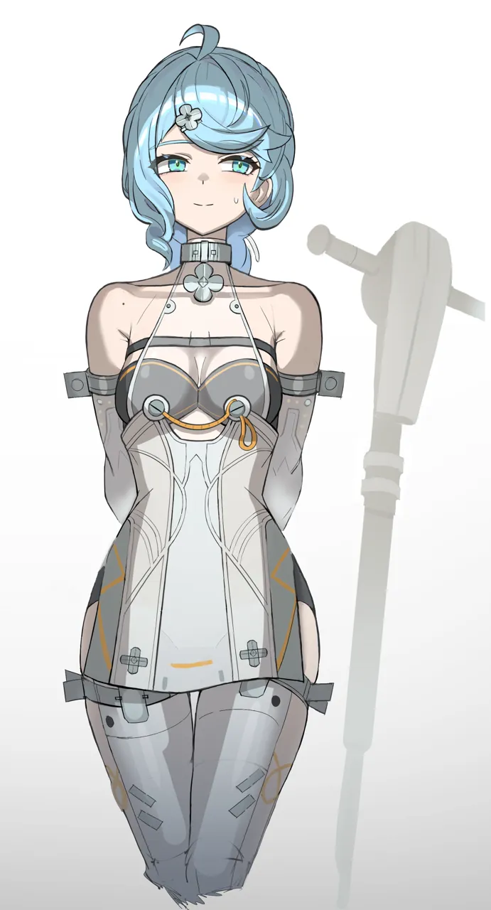 1girl ahoge aqua_eyes arms_behind_back blue_hair braid breasts cleavage collar collarbone dress long_hair looking_to_the_side medium_breasts shorts side_slit skindentation smile solo standing sweatdrop thigh_gap thigh_strap thighhighs white_background white_dress white_thighhighs yeongspace zenless_zone_zero seed__zenless_zone_zero