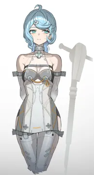 1girl ahoge aqua_eyes arms_behind_back blue_hair braid breasts cleavage collar collarbone dress long_hair looking_to_the_side medium_breasts shorts side_slit skindentation smile solo standing sweatdrop thigh_gap thigh_strap thighhighs white_background white_dress white_thighhighs yeongspace zenless_zone_zero seed__zenless_zone_zero