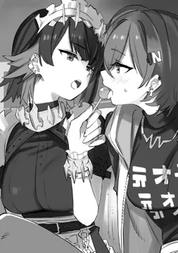 2girls blush breasts candy eye_contact food greyscale holding holding_candy holding_food holding_lollipop jacket licking lollipop looking_at_another maid maid_headdress medium_breasts monochrome multicolored_hair multiple_girls open_mouth sharp_teeth shirt short_hair sitting teeth tongue tongue_out two_tone_hair upper_teeth_only yuri aki_poi zenless_zone_zero belle__zenless_zone_zero ellen_joe__zenless_zone_zero