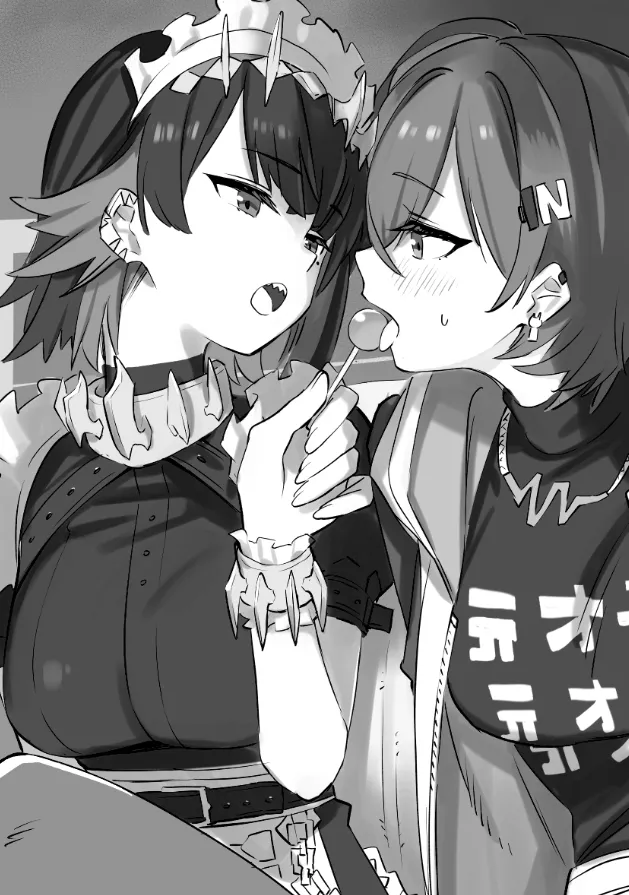 2girls blush breasts candy eye_contact food greyscale holding holding_candy holding_food holding_lollipop jacket licking lollipop looking_at_another maid maid_headdress medium_breasts monochrome multicolored_hair multiple_girls open_mouth sharp_teeth shirt short_hair sitting teeth tongue tongue_out two_tone_hair upper_teeth_only yuri aki_poi zenless_zone_zero belle__zenless_zone_zero ellen_joe__zenless_zone_zero