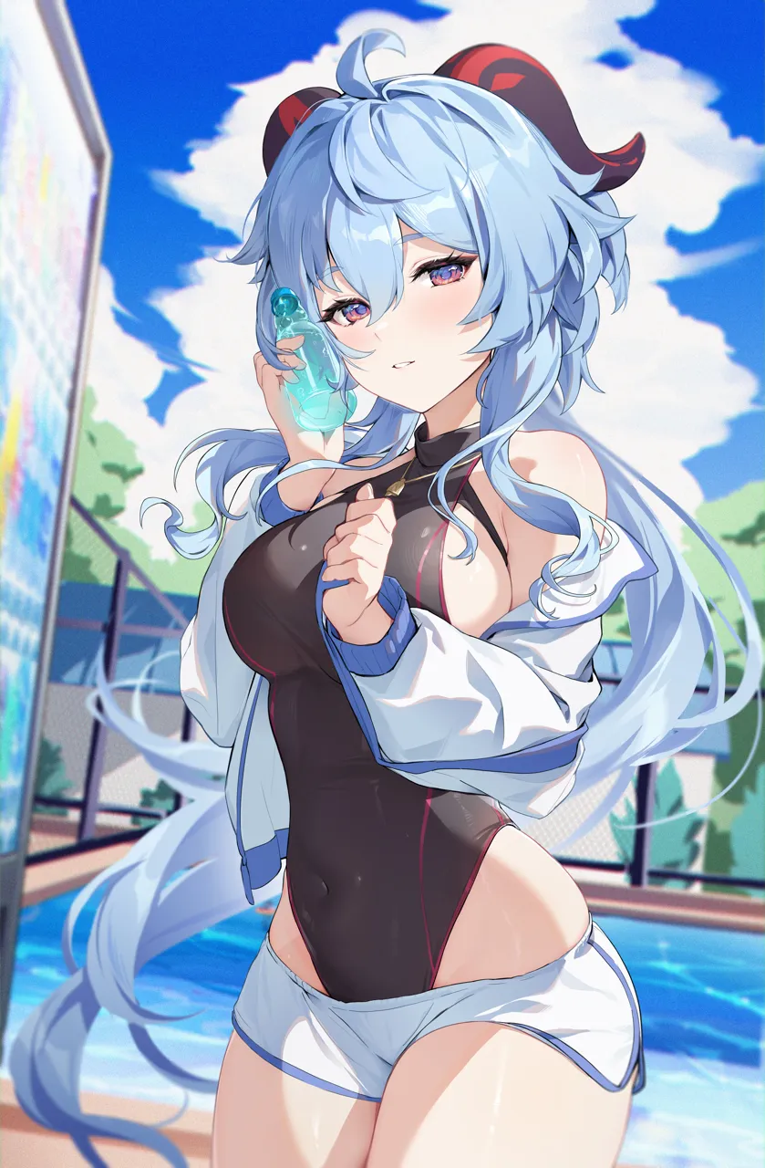1girl ahoge bare_shoulders black_one_piece_swimsuit blue_hair blush bottle breasts cloud cloudy_sky covered_navel cowboy_shot ganyu__genshin_impact genshin_impact goat_horns gradient_eyes hair_between_eyes highleg highleg_one_piece_swimsuit holding holding_bottle horns houkisei jewelry large_breasts long_hair long_sleeves looking_at_viewer low_ponytail multicolored_eyes necklace off_shoulder one_piece_swimsuit outdoors parted_lips ponytail ramune short_shorts shorts sideboob skindentation sky solo standing swimsuit turtleneck water