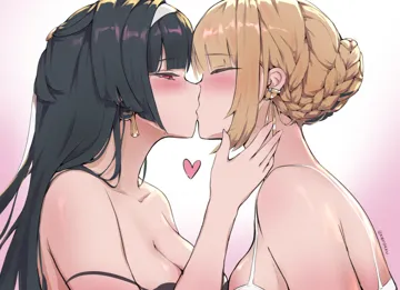2girls black_bra black_hair blonde_hair bra breasts couple earrings from_side hairband half_closed_eyes heart jewelry kiss large_breasts long_hair multiple_girls red_eyes short_hair underwear upper_body white_bra white_hairband yuri keyokku zenless_zone_zero astra_yao__zenless_zone_zero evelyn_chevalier__zenless_zone_zero
