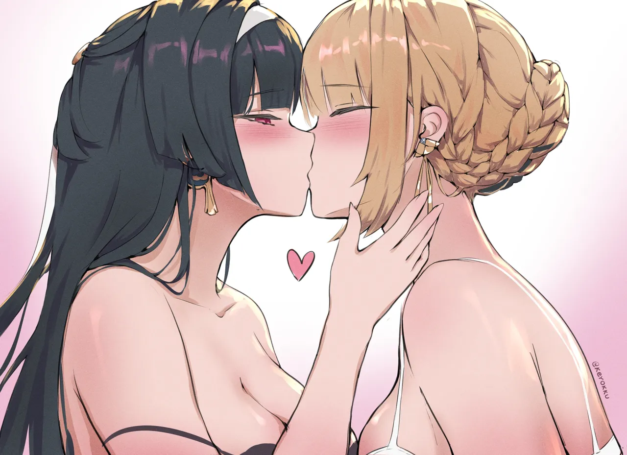 2girls black_bra black_hair blonde_hair bra breasts couple earrings from_side hairband half_closed_eyes heart jewelry kiss large_breasts long_hair multiple_girls red_eyes short_hair underwear upper_body white_bra white_hairband yuri keyokku zenless_zone_zero astra_yao__zenless_zone_zero evelyn_chevalier__zenless_zone_zero