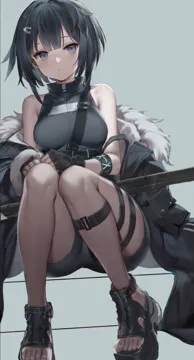 1girl bare_shoulders black_gloves black_hair black_jacket black_sandals black_shirt black_shorts blue_eyes breasts closed_mouth expressionless fingerless_gloves full_body fur_trimmed_jacket fur_trim gloves grey_background hair_ornament hairclip infection_monitor__arknights jacket knees_together_feet_apart legs looking_at_viewer medium_breasts off_shoulder sandals shirt shoes short_hair short_shorts shorts simple_background sitting sleeveless sleeveless_shirt solo sports_sandals thigh_strap thighs lin_jingling arknights la_pluma__arknights