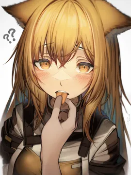 1girl animal_ears blonde_hair blush dog_ears dog_girl gradient_background grey_background hair_between_eyes long_hair looking_at_viewer simple_background solo_focus teeth tongue tongue_grab tongue_out upper_body upper_teeth_only yellow_eyes tab_head arknights ceobe__arknights