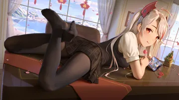 1girl antenna_hair black_pantyhose black_skirt black_vest breasts candy cellphone crossed_ankles curtains day feet food from_behind full_body headgear holding holding_candy holding_food holding_lollipop holding_phone indoors lollipop long_hair looking_at_viewer looking_back lying meta miniskirt multicolored_hair no_shoes on_stomach on_table pantyhose phone plaid_clothes plaid_skirt red_eyes shirt short_sleeves skirt smartphone solo streaked_hair table the_pose tongue tongue_out vest white_hair white_shirt window himitsu azur_lane prinz_eugen__azur_lane