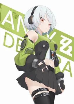 1girl bare_shoulders belt black_belt black_gloves black_jacket black_skirt black_thighhighs braid breasts cowboy_shot crop_top detached_sleeves fingerless_gloves gloves green_jacket grey_hair headphones jacket long_sleeves looking_at_viewer medium_breasts midriff miniskirt multicolored_jacket navel orange_eyes pleated_skirt shirt short_hair skirt standing thigh_belt thigh_strap thighhighs thighs two_tone_jacket white_background white_shirt sasaki3rd zenless_zone_zero anby_demara__zenless_zone_zero
