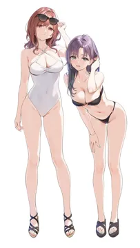 2girls ahoge alternate_costume alternate_hair_length alternate_hairstyle bikini black_bikini blue_eyes blush breasts brown_hair cleavage closed_mouth covered_navel earrings highleg highleg_bikini jewelry large_breasts long_hair medium_hair multiple_girls navel one_piece_swimsuit open_mouth purple_eyes sidelocks simple_background stomach sunglasses swimsuit thighs tucking_hair white_background white_one_piece_swimsuit orange_maru yd__orange_maru idolmaster idolmaster_shiny_colors asakura_toru higuchi_madoka