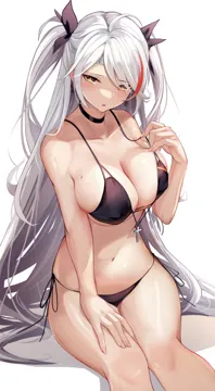 1girl ahoge antenna_hair azur_lane bikini black_bikini black_choker breasts choker cleavage cross flag_print german_flag_bikini long_hair mole mole_on_breast multicolored_hair navel official_alternate_costume prinz_eugen__azur_lane prinz_eugen__unfading_smile__azur_lane red_hair rikiddo__tise_00 side_tie_bikini_bottom sideboob sitting solo stomach strap_gap streaked_hair string_bikini swimsuit two_side_up underboob white_background white_hair