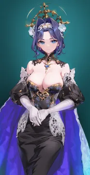 1girl alternate_costume black_dress blue_cape blue_eyes blue_hair breasts cape cleavage closed_mouth detached_collar dress earrings elbow_gloves flower gloves gold_necklace green_background hair_flower hair_intakes hair_ornament hairband heart heart_necklace hololive hololive_english jewelry large_breasts looking_at_viewer necklace ouro_kronii puffy_sleeves rose short_hair smile solo standing tight_clothes tight_dress virtual_youtuber wavy_hair white_flower white_gloves white_rose yd__orange_maru
