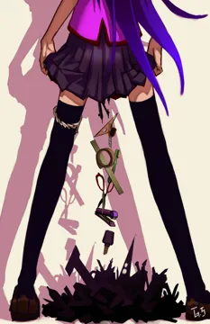 1girl from_behind long_hair naoetsu_high_school_uniform panties panties_around_one_leg purple_hair school_uniform senjougahara_pose shoes skirt solo thighhighs underwear as109 bakemonogatari monogatari__series senjougahara_hitagi