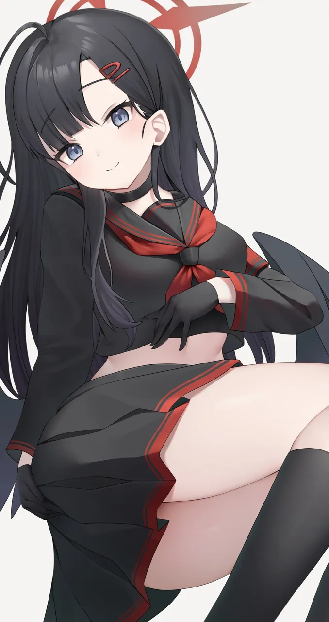 1girl antenna_hair bare_legs black_eyes black_gloves black_hair black_shirt black_skirt black_socks breasts gloves long_hair long_sleeves looking_at_viewer medium_breasts oversized_wings shirt simple_background skirt smile socks solo unusually_open_eyes white_background white_wings wings koba__kobako42 blue_archive ichika__blue_archive