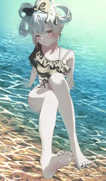 1girl alternate_costume alternate_hairstyle arm_support asymmetrical_one_piece_swimsuit bare_arms bare_legs barefoot black_bow black_one_piece_swimsuit blush borrowed_hairstyle bow caustics cinnamiku_hairstyle colored_tips cross_laced_clothes earrings feet floating_earring frilled_one_piece_swimsuit frills full_body gradient_hair hair_bow hair_up horns jewelry long_hair looking_at_viewer multicolored_hair nail_polish one_piece_swimsuit outdoors pale_skin parted_lips red_eyes shallow_water sitting_on_water skin_covered_horns soles solo spaghetti_strap swimsuit toenail_polish toenails toes updo virtual_youtuber water wet white_hair maria_onnette hololive nakiri_ayame__hololive