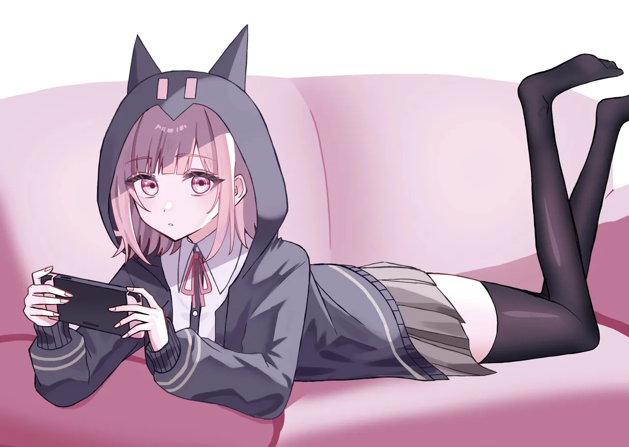 1girl black_shirt black_thighhighs brown_hair brown_skirt collared_shirt couch handheld_game_console holding holding_handheld_game_console hood hood_up hooded_jacket jacket long_sleeves lying medium_hair miniskirt neck_ribbon nintendo_switch no_hair_ornament on_stomach open_clothes open_jacket pink_eyes pink_ribbon pleated_skirt ribbon shirt skirt solo teeth thighhighs two_tone_shirt white_shirt su_no__su_no090 danganronpa__series danganronpa_2__goodbye_despair nanami_chiaki