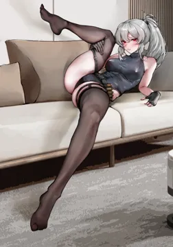 1girl ass barcode barcode_tattoo bare_shoulders black_leotard black_thighhighs blush breasts bullet couch fingerless_gloves gloves grey_hair holding_own_leg indoors leaning_back leg_up leotard long_hair looking_at_viewer medium_breasts on_couch open_mouth red_eyes side_ponytail skindentation solo tattoo thighhighs thighs gdhs