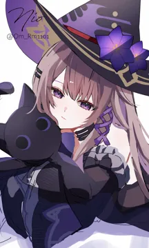 1girl animal black_cat black_hat brown_hair cat closed_mouth flower hair_ornament hairclip hat hat_flower holding holding_animal holding_cat long_hair long_sleeves lying on_stomach purple_eyes purple_hat signature sketch solo stuffed_animal stuffed_cat stuffed_toy twitter_username two_sided_fabric two_sided_headwear upper_body white_background wide_sleeves witch_hat om_rm1101 honkai__star_rail honkai__series herta__honkai__star_rail the_herta__honkai__star_rail