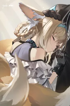 1girl 1other animal_ear_fluff animal_ears aqua_hairband bare_shoulders blonde_hair closed_eyes fox_ears fox_girl fox_tail gloves hairband headpat infection_monitor__arknights leaning_on_person multiple_tails smile tail yuuki_uyu arknights doctor__arknights suzuran__arknights