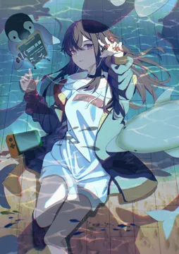 1girl bird black_choker black_hair blue_hair braid cellphone choker clothes_writing clownfish crossed_bangs dolphin earphones english_text fish green_jacket hair_between_eyes hood hoodie jacket long_hair looking_at_viewer lying multicolored_hair nintendo_switch off_shoulder on_back open_clothes open_jacket penguin phone purple_eyes reaching ripples signature smartphone smartphone_case smile solo streaked_hair tropical_fish virtual_youtuber white_hoodie maria_onnette lupinus_virtual_games vspo ichinose_uruha__vspo ichinose_uruha__2nd_costume__vspo