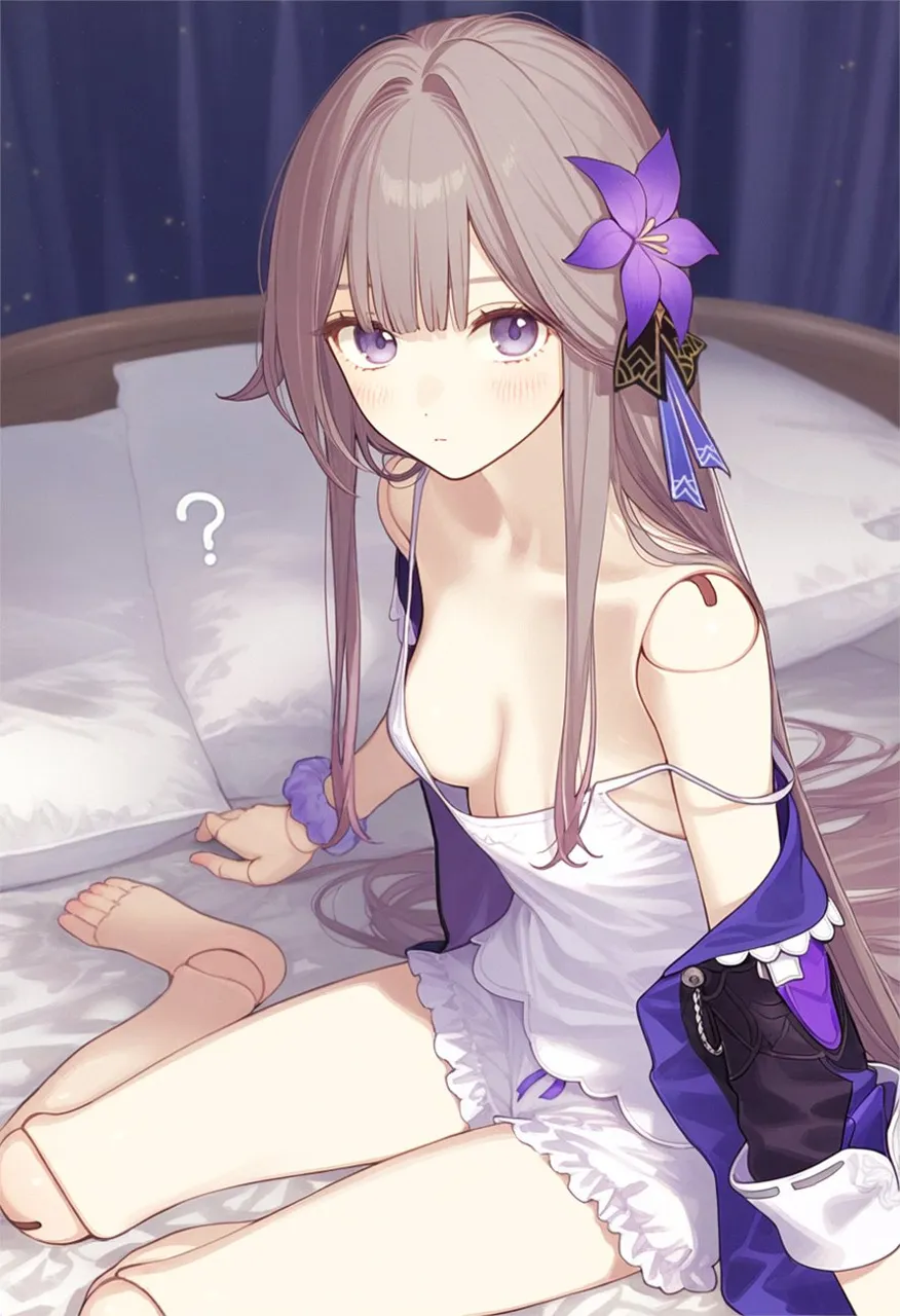1girl bare_shoulders barefoot bed bow breasts cleavage closed_mouth doll_joints feet flower frilled_shorts frills hair_bow hair_flower hair_ornament hair_spread_out jacket joints light_blush long_hair looking_at_viewer medium_breasts off_shoulder on_bed pajamas pillow scrunchie short_shorts shorts sitting solo spaghetti_strap strap_slip toes very_long_hair white_shorts wrist_scrunchie yokozuwari poki__j0ch3fvj6nd honkai__star_rail honkai__series herta__honkai__star_rail