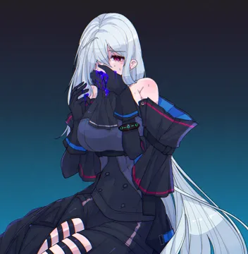 1girl ascot bare_shoulders black_ascot black_gloves black_pants blue_background breasts clothing_cutout gloves gradient_background grey_hair hands_up large_breasts leggings long_hair looking_at_viewer no_headwear pants red_eyes sitting solo thigh_cutout thighs very_long_hair tsume3mai arknights skadi__arknights skadi__elite_ii__arknights