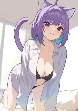 1girl ahoge all_fours animal_ear_fluff animal_ears barefoot black_bra black_panties blue_hair bra breasts cat_ears cat_girl cat_tail cleavage closed_mouth collarbone colored_inner_hair hololive indoors large_breasts long_hair long_sleeves looking_at_viewer multicolored_hair nekomata_okayu nekomata_okayu__oversized_shirt new_sankin_nyu official_alternate_costume open_clothes open_shirt panties pillow purple_eyes shirt short_hair smile solo tail two_tone_hair underwear virtual_youtuber white_shirt
