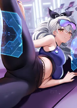 1girl ass_visible_through_thighs black_ribbon blurry blurry_background breasts crop_top drill_hair exercising eyewear_on_head goggles goggles_on_head gradient_tinted_eyewear grey_hair hair_ribbon honkai__series honkai__star_rail large_breasts leg_up leggings long_hair lying midriff nail_polish navel on_side pants parted_lips purple_nails purple_pants ribbon silver_wolf__honkai__star_rail solo sports_bra squchan stomach thighs tight_clothes tight_pants tinted_eyewear yellow_eyes yoga_pants
