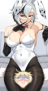 1boy 1girl aether__genshin_impact animal_ears arlecchino__genshin_impact asphyxiation bare_shoulders black_eyes blonde_hair blush bow bowtie breasts couch covered_navel detached_collar drooling fake_animal_ears femdom finger_to_mouth genshin_impact grey_hair hair_between_eyes hand_up head_between_thighs highleg highleg_leotard large_breasts leotard looking_down micchan__micchanmeido multicolored_hair on_couch pantyhose playboy_bunny rabbit_ears red_bow red_bowtie saliva scissorhold strapless strapless_leotard streaked_hair sweat symbol_shaped_pupils thighband_pantyhose white_leotard x_shaped_pupils