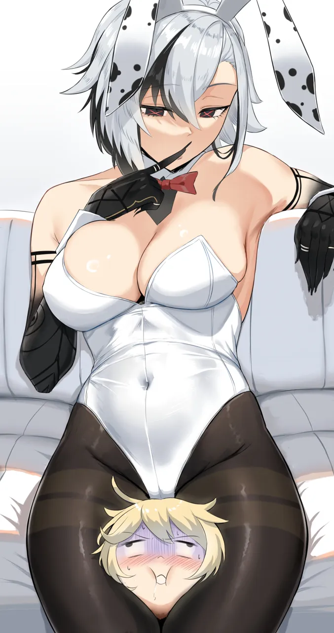 1boy 1girl aether__genshin_impact animal_ears arlecchino__genshin_impact asphyxiation bare_shoulders black_eyes blonde_hair blush bow bowtie breasts couch covered_navel detached_collar drooling fake_animal_ears femdom finger_to_mouth genshin_impact grey_hair hair_between_eyes hand_up head_between_thighs highleg highleg_leotard large_breasts leotard looking_down micchan__micchanmeido multicolored_hair on_couch pantyhose playboy_bunny rabbit_ears red_bow red_bowtie saliva scissorhold strapless strapless_leotard streaked_hair sweat symbol_shaped_pupils thighband_pantyhose white_leotard x_shaped_pupils