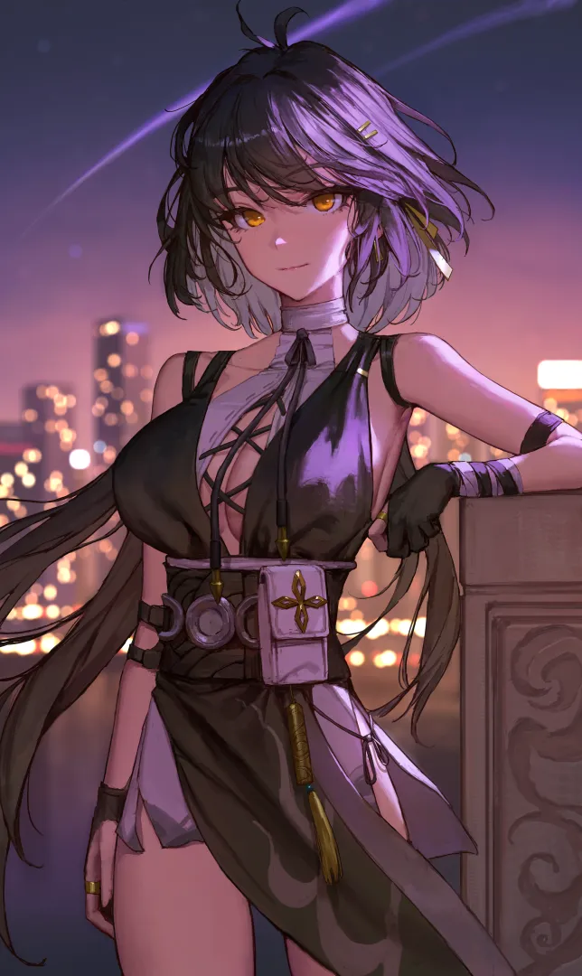 1girl antenna_hair arm_strap bare_shoulders black_dress black_hair blurry blurry_background breasts city cityscape cleavage closed_mouth colored_inner_hair cowboy_shot cross_laced_clothes cross_laced_dress cross_laced_top dress elbow_pads gloves hair_ornament hairclip large_breasts looking_at_viewer multicolored_hair night night_sky parallel_hairclips partially_fingerless_gloves pelvic_curtain ribbon sky smile solo standing white_hair yellow_eyes yellow_ribbon sib__9obsl wuthering_waves female_rover__wuthering_waves rover__wuthering_waves