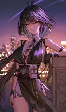 1girl antenna_hair arm_strap bare_shoulders black_dress black_hair blurry blurry_background breasts city cityscape cleavage closed_mouth colored_inner_hair cowboy_shot cross_laced_clothes cross_laced_dress cross_laced_top dress elbow_pads gloves hair_ornament hairclip large_breasts looking_at_viewer multicolored_hair night night_sky parallel_hairclips partially_fingerless_gloves pelvic_curtain ribbon sky smile solo standing white_hair yellow_eyes yellow_ribbon sib__9obsl wuthering_waves female_rover__wuthering_waves rover__wuthering_waves
