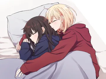 2girls ahoge black_hair blonde_hair blue_sweater bob_cut closed_eyes cuddling hug hug_from_behind long_hair multiple_girls pillow red_sweater shared_bed sleeping spooning sweater under_covers yuri sallymomoaa lycoris_recoil inoue_takina nishikigi_chisato