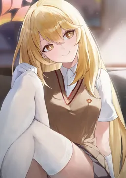 1girl black_skirt blonde_hair blush breasts bright_pupils brown_eyes brown_sweater_vest closed_mouth collared_shirt emblem hair_between_eyes halo indoors large_breasts long_hair looking_to_the_side miniskirt orange_halo pink_halo pleated_skirt school_emblem school_uniform shirt short_sleeves skirt smile solo sparkling_eyes spider_web_print star_halo summer_uniform sweater_vest thighhighs tokiwadai_school_uniform very_long_hair vest white_shirt white_thighhighs yellow_pupils jiang_zhuti_jiojio blue_archive toaru_kagaku_no_railgun toaru_majutsu_no_index shokuhou_misaki