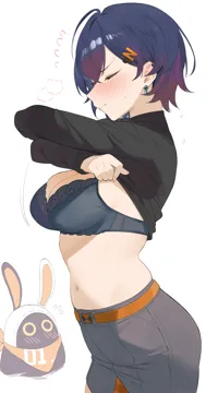 1girl ahoge animal_ears bangboo__zenless_zone_zero belle__zenless_zone_zero belt black_bra black_shirt blue_hair blush bra breasts byeon_dha cleavage closed_eyes closed_mouth clothes_lift creature eous__zenless_zone_zero flying_sweatdrops from_side grey_skirt hair_ornament hairpin lifting_own_clothes looking_at_another medium_breasts navel orange_belt rabbit_ears shirt shirt_lift short_hair simple_background skirt stomach sweat underwear undressing white_background zenless_zone_zero