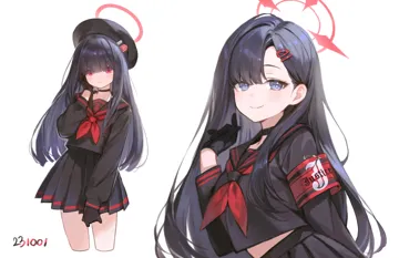 2girls armband beret black_choker black_gloves black_hair black_headwear black_sailor_collar black_serafuku black_skirt choker closed_mouth dated gloves grey_eyes hair_ornament hair_over_eyes hairclip halo hat long_hair long_sleeves looking_at_viewer midriff_peek multiple_girls neckerchief pleated_skirt red_armband red_eyes red_halo red_neckerchief safety_pin sailor_collar school_uniform serafuku simple_background skirt smile unusually_open_eyes white_background adelie_cat blue_archive ichika__blue_archive justice_task_force_member__blue_archive