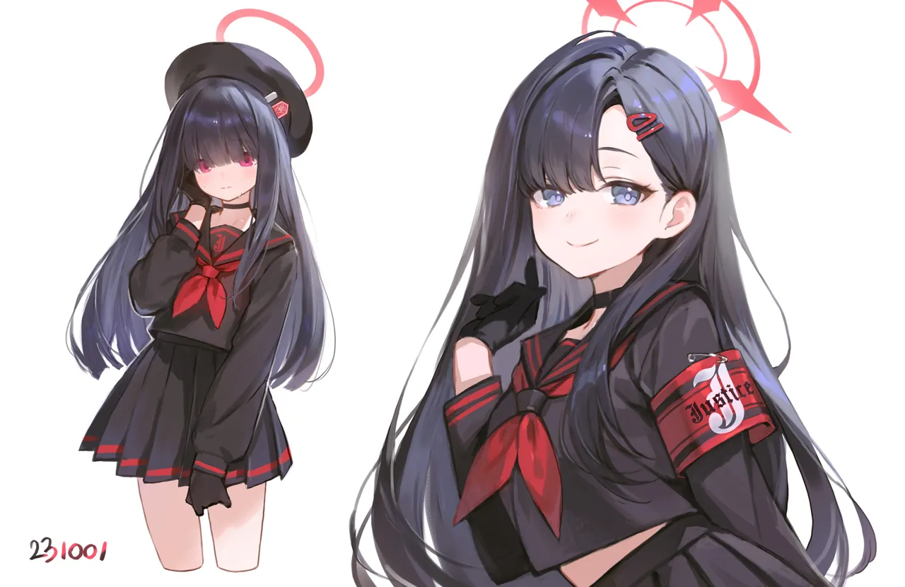 2girls armband beret black_choker black_gloves black_hair black_headwear black_sailor_collar black_serafuku black_skirt choker closed_mouth dated gloves grey_eyes hair_ornament hair_over_eyes hairclip halo hat long_hair long_sleeves looking_at_viewer midriff_peek multiple_girls neckerchief pleated_skirt red_armband red_eyes red_halo red_neckerchief safety_pin sailor_collar school_uniform serafuku simple_background skirt smile unusually_open_eyes white_background adelie_cat blue_archive ichika__blue_archive justice_task_force_member__blue_archive