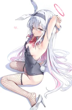 1girl alternate_costume armpits arms_behind_head bare_shoulders black_hairband black_leotard blue_archive bow bowtie breasts colored_inner_hair covered_navel detached_collar fake_tail fishnet_thighhighs fishnets from_side full_body grey_eyes hair_spread_out hairband halo heart heel_pop high_heels huwari__dnwls3010 leotard long_hair looking_at_viewer looking_to_the_side medium_breasts multicolored_hair one_eye_closed oversized_breast_cup parted_lips pink_hair plana__blue_archive playboy_bunny rabbit_tail red_bow red_bowtie red_halo red_pupils ribbon shadow simple_background sitting skindentation small_breasts solo strapless strapless_leotard tail thighhighs two_tone_hair very_long_hair wariza white_background white_footwear white_hair wrist_cuffs