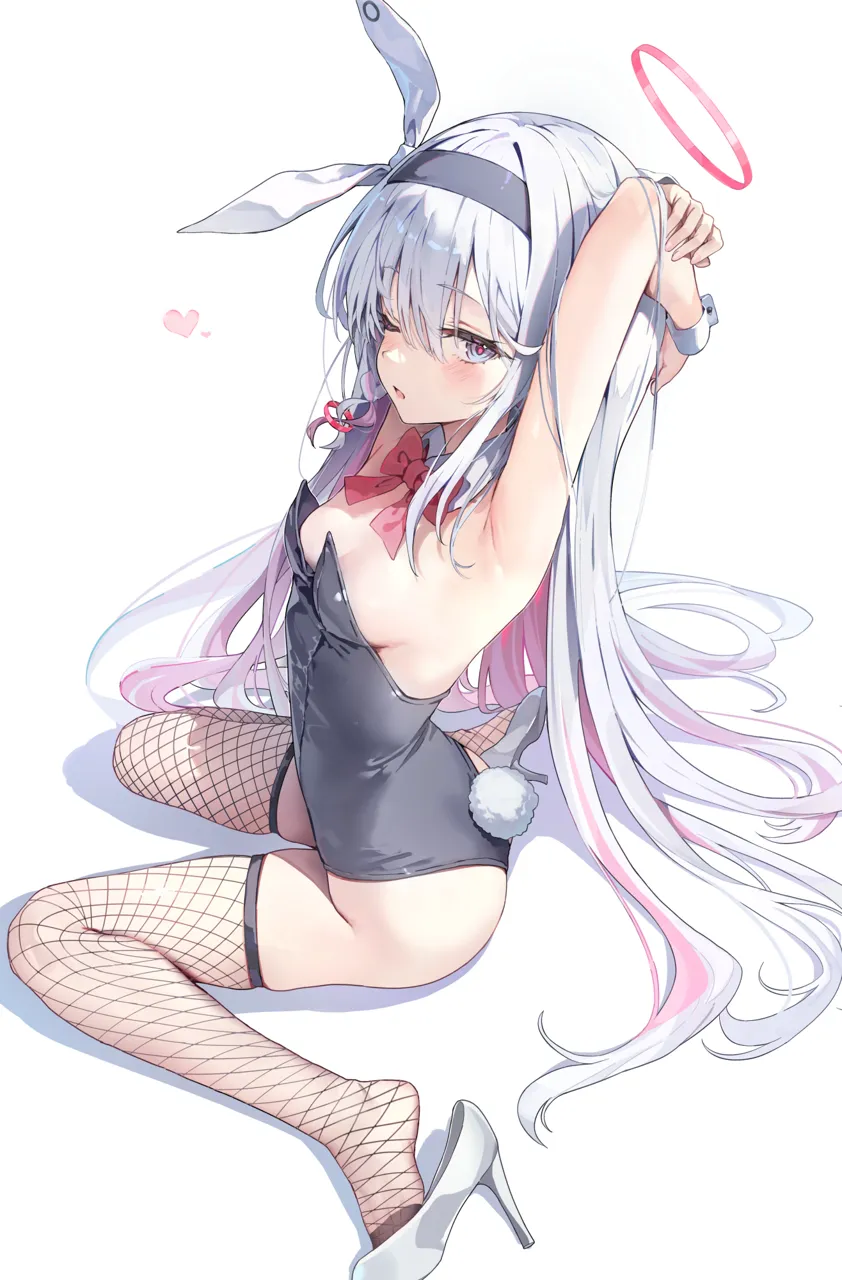 1girl alternate_costume armpits arms_behind_head bare_shoulders black_hairband black_leotard blue_archive bow bowtie breasts colored_inner_hair covered_navel detached_collar fake_tail fishnet_thighhighs fishnets from_side full_body grey_eyes hair_spread_out hairband halo heart heel_pop high_heels huwari__dnwls3010 leotard long_hair looking_at_viewer looking_to_the_side medium_breasts multicolored_hair one_eye_closed oversized_breast_cup parted_lips pink_hair plana__blue_archive playboy_bunny rabbit_tail red_bow red_bowtie red_halo red_pupils ribbon shadow simple_background sitting skindentation small_breasts solo strapless strapless_leotard tail thighhighs two_tone_hair very_long_hair wariza white_background white_footwear white_hair wrist_cuffs
