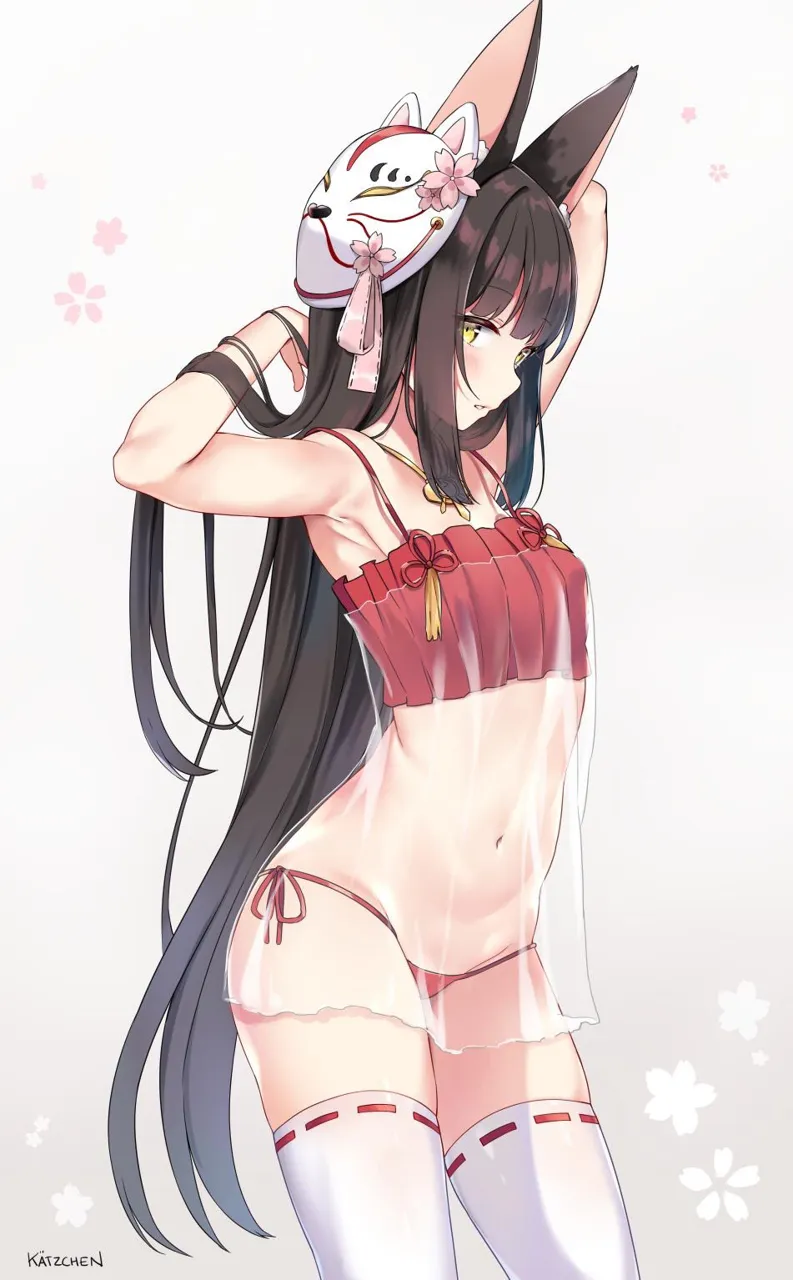 1girl animal_ears armpits arms_behind_head arms_up artist_name azur_lane black_hair blush breasts camisole floral_background fox_ears fox_mask hair_lift hime_cut jewelry kaetzchen lingerie long_hair mask midriff nagato__azur_lane nagato__great_fox_s_respite__azur_lane navel necklace negligee official_alternate_costume panties red_panties ribbon_trim ribbon_trimmed_legwear see_through_clothes side_tie_panties sidelocks signature skindentation small_breasts solo spaghetti_strap standing stomach straight_hair tareme thighhighs underwear very_long_hair yellow_eyes
