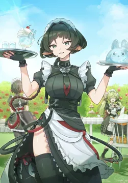 3girls alternate_costume alternate_hairstyle black_gloves black_hair blue_sky braid breasts bush cowboy_shot fingerless_gloves fingernails fins fish_tail gloves grass green_eyes green_hair large_breasts long_hair looking_at_viewer maid maid_headdress multicolored_hair multiple_girls nail_polish outdoors parted_lips red_hair red_nails shark_girl shark_tail short_sleeves single_braid sky smile solo_focus table tail two_tone_hair suwa__swk_kkk zenless_zone_zero corin_wickes__zenless_zone_zero ellen_joe__zenless_zone_zero eous__zenless_zone_zero jane_doe__zenless_zone_zero