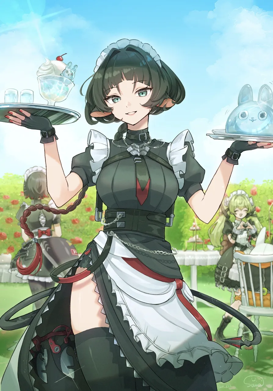 3girls alternate_costume alternate_hairstyle black_gloves black_hair blue_sky braid breasts bush cowboy_shot fingerless_gloves fingernails fins fish_tail gloves grass green_eyes green_hair large_breasts long_hair looking_at_viewer maid maid_headdress multicolored_hair multiple_girls nail_polish outdoors parted_lips red_hair red_nails shark_girl shark_tail short_sleeves single_braid sky smile solo_focus table tail two_tone_hair suwa__swk_kkk zenless_zone_zero corin_wickes__zenless_zone_zero ellen_joe__zenless_zone_zero eous__zenless_zone_zero jane_doe__zenless_zone_zero