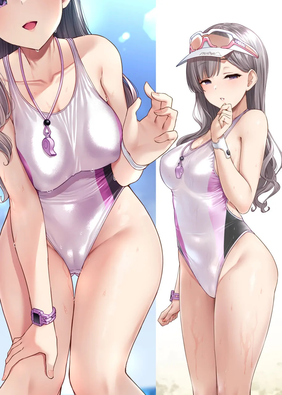 1girl bare_shoulders blue_sky blush breasts cameltoe competition_swimsuit covered_navel cowboy_shot dripping eyewear_on_head goggles goggles_on_head grey_hair half_closed_eyes highleg highleg_one_piece_swimsuit idolmaster idolmaster_shiny_colors large_breasts looking_at_viewer one_piece_swimsuit satou_kuuki sky smile standing sunglasses swimsuit visor_cap watch wet whistle whistle_around_neck white_one_piece_swimsuit wristwatch yukoku_kiriko