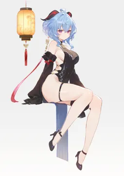 1girl adapted_costume ahoge bare_shoulders bell between_legs black_dress black_shoes blue_hair breasts china_dress chinese_clothes cleavage closed_mouth cosplay cowbell detached_sleeves dress full_body goat_horns hair_bun hand_between_legs high_heels horns invisible_chair ladder_cutout lantern large_breasts long_hair long_sleeves looking_at_viewer neck_bell no_panties no_pupils paper_lantern pelvic_curtain puffy_sleeves purple_eyes see_through_cleavage see_through_clothes shoes short_dress sideboob sideless_outfit sitting sleeveless sleeveless_dress solo strappy_heels tassel thigh_strap thighs wavy_hair adelie_cat genshin_impact ganyu__genshin_impact ganyu__twilight_blossom__genshin_impact