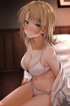 1girl arm_support arms_at_sides bed black_ribbon blurry blurry_background blush bow bow_bra bra breasts brown_hair cleavage closed_mouth collarbone cowboy_shot depth_of_field ear_blush embarrassed eyes_visible_through_hair frilled_bra frilled_panties frills indoors isshiki_iroha kitaku__nakamachi_machi large_breasts light_particles looking_at_viewer medium_hair navel nervous_smile nose_blush on_bed open_clothes open_shirt panties picture_frame pillow ribbon shirt sideboob sitting smile solo underwear undressing wavy_mouth white_shirt yahari_ore_no_seishun_lovecome_wa_machigatteiru yellow_eyes