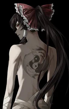 1girl back back_tattoo black_background bow brown_hair from_behind hair_bow hair_tubes letterboxed long_hair looking_at_viewer looking_back nape nude ponytail profile red_bow red_eyes simple_background solo tattoo transparent_background yin_yang okina_821 touhou hakurei_reimu__touhou